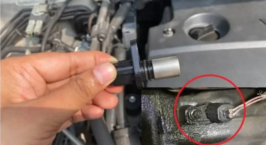 A hand holds a crankshaft position sensor, with a close-up showing the sensor installed. These parts are key to preventing common crankshaft position sensor symptoms like engine stalling.
