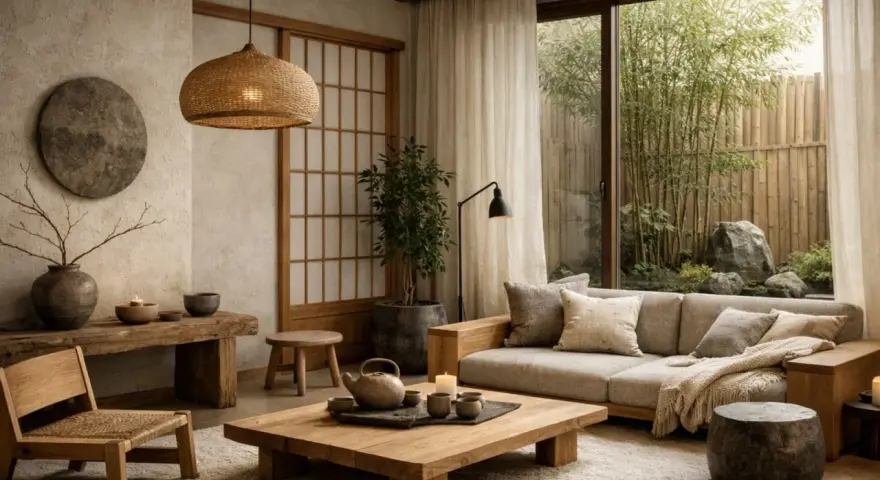 Soggiorno in stile Japandi con divano, tavolino basso in legno, sedia in paglia e vista su un giardino zen.