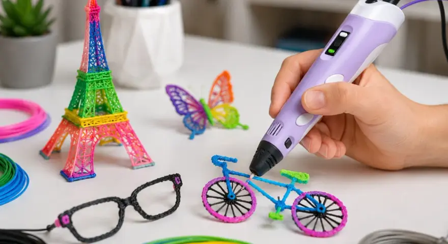 Ręka trzyma fioletowy długopis 3D, tworząc rower. Obok stoją wieża Eiffla, motyl i okulary. Widać też kolorowe filamenty, pokazujące, jak działa długopis 3D.