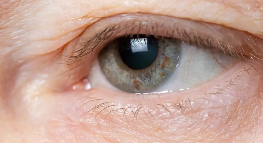 Occhio con palpebra leggermente gonfia, segno di edema oculare da stress. La pelle appare stanca, con sottili rughe e qualche ciglia spezzata.