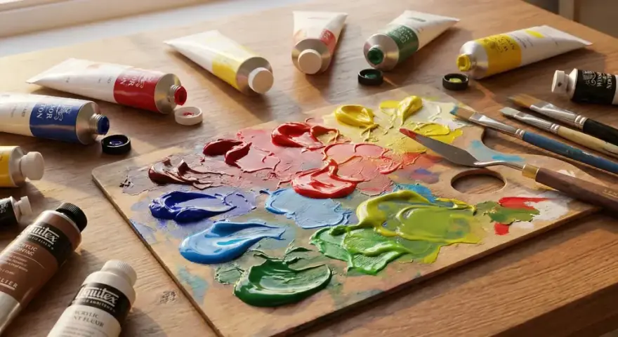 Kolorowa paleta z farbami tempera i akrylowymi, tubki z farbami i pędzle na drewnianym stole.