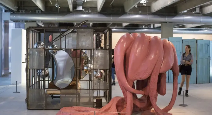 Sculpture rose organique, rappelant l'œuvre de Louise Bourgeois, côtoie une cage métallique remplie de miroirs. Une femme observe l'installation.