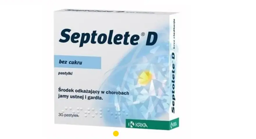 Opakowanie pastylek bez cukru Septolete D, środka odkażającego jamę ustną i gardło. 30 sztuk.
