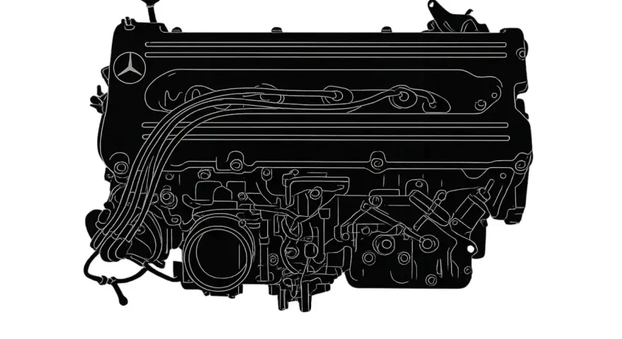 Silnik OM606, czarny z białymi liniami, z logo Mercedesa.