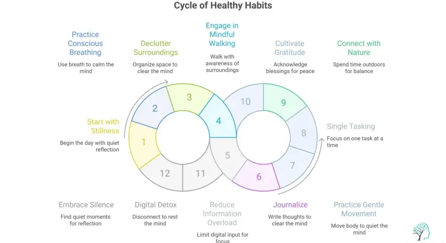 A cycle of healthy habits diagram shows how to be at peace through practices like mindful breathing, gratitude, and digital detox.