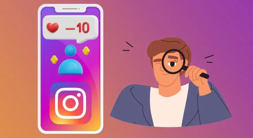 Mann mit Lupe schaut auf Instagram-App mit Herz und -10 Followern.