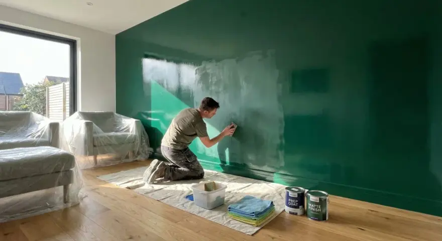 Hombre lijando pared verde brillante. Parece que la pintura no agarra en la pared, quizás por el acabado. Muebles cubiertos con plástico.
