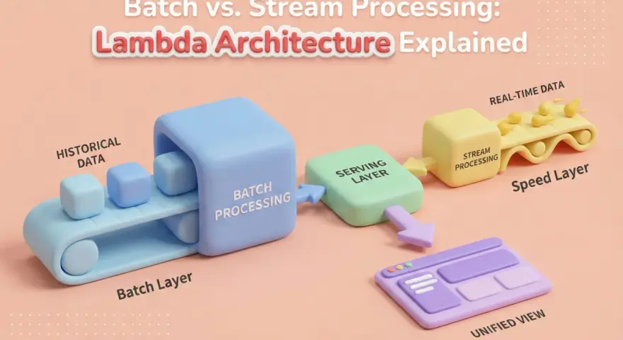 Die Lambda-Architektur erklärt: Historische Daten werden im Batch verarbeitet, Echtzeitdaten im Speed Layer, beide fließen in die Serving Layer für eine einheitliche Ansicht.