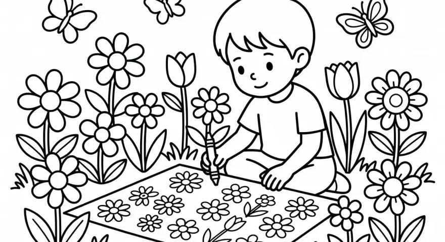 Un jeune garçon, parfait pour les débutants en dessin noir et blanc, dessine des fleurs et des papillons dans un jardin.