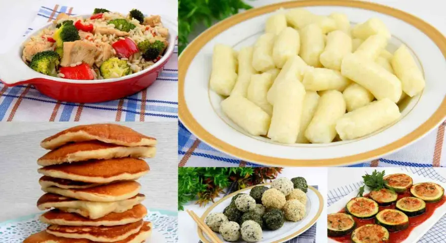 Kolorowy kolaż potraw: ryż z warzywami, kluski, naleśniki, kulki ryżowe i faszerowana cukinia.