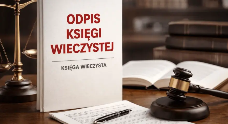 Odpis księgi wieczystej: kto może uzyskać ten dokument? Na biurku prawnika leży księga, waga sprawiedliwości i młotek sędziowski.
