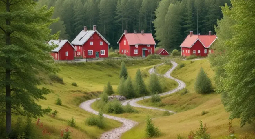Röda hus i Småland, slingrande väg genom grönskande landskap. Perfekt för udda utflykter småland.