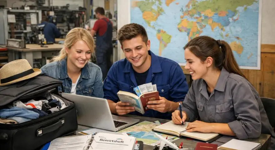 Drei junge Leute planen ihre berufsausbildung usa vergleich. Sie sitzen an einem Tisch mit einer Weltkarte, Pässen und einem Koffer.