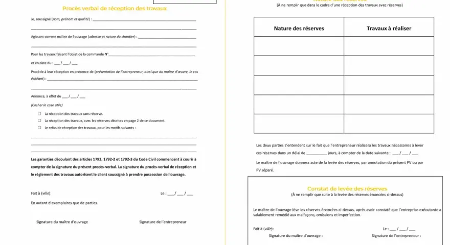 Procès-verbal de réception des travaux, avec espace pour la nature des réserves et les travaux à réaliser.