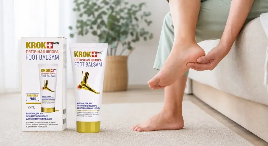 Balsam Krok Med Foot Balsam to pomoc w leczeniu ostrogi piętowej. Kobieta masuje bolącą piętę.