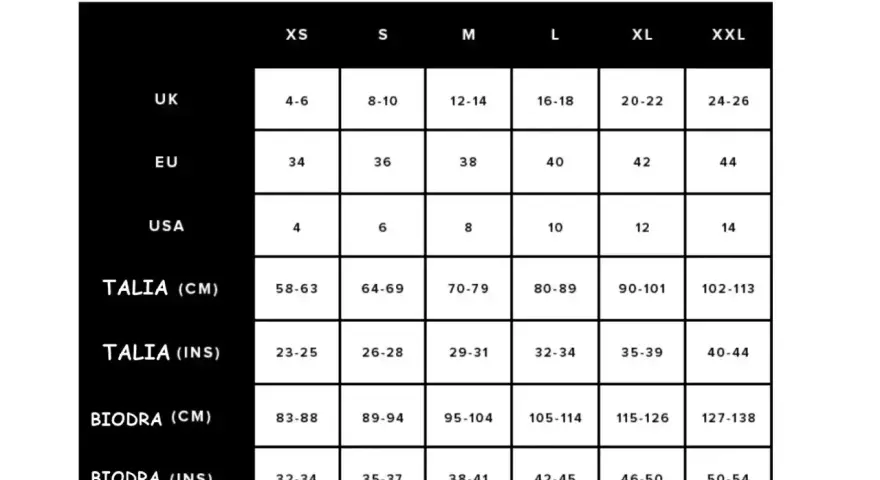 Tabela rozmiarów bielizny damskiej. Rozmiar XXL odpowiada EU 44, UK 24-26, USA 14, talii 102-113 cm, biodrom 127-138 cm.