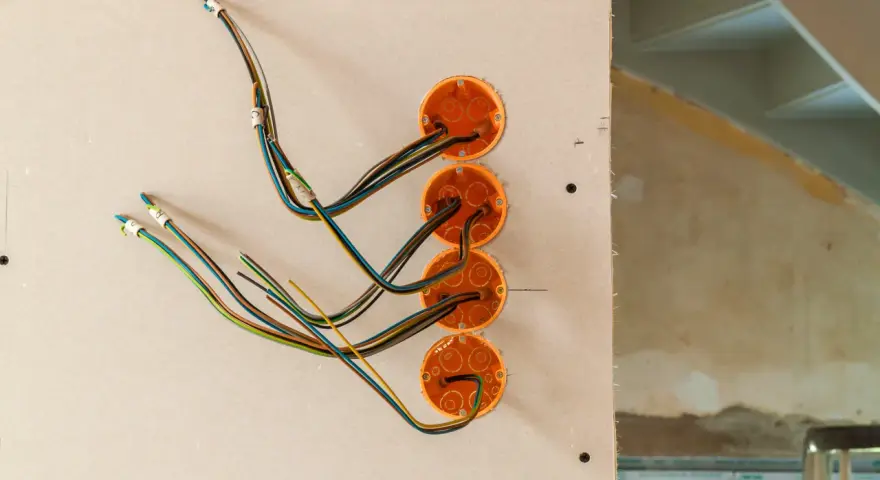Instalacja elektryczna w trakcie prac. Widoczne puszki instalacyjne i kolorowe przewody wychodzące ze ścianki działowej.