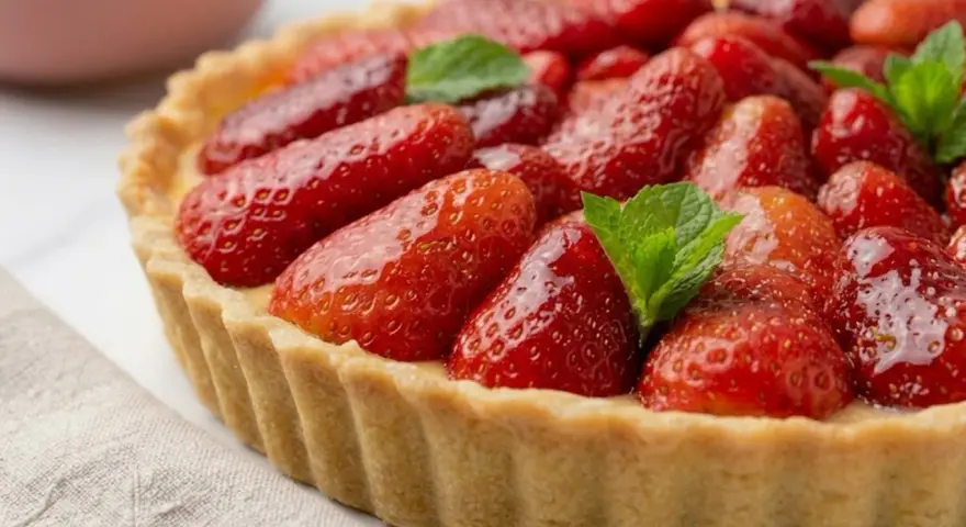 Tarte aux fraises fraîchement préparée, garnie de fruits rouges brillants et de feuilles de menthe, sur un fond clair.