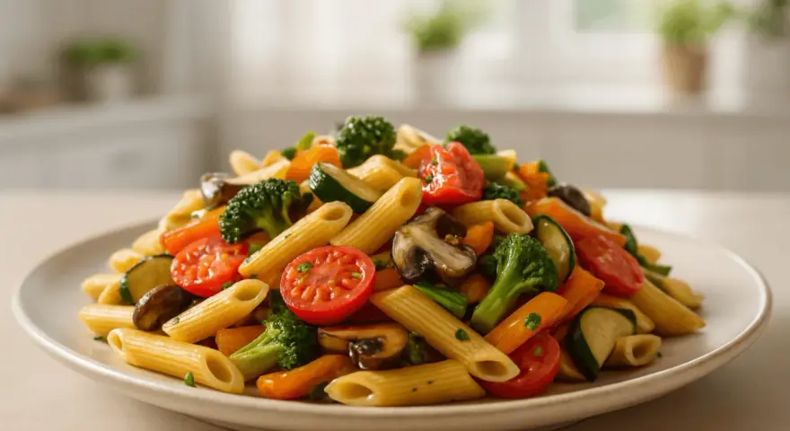 Kolorowy makaron penne z brokułami, pomidorkami, cukinią i pieczarkami. Idealny przepis na Pasta Primavera.