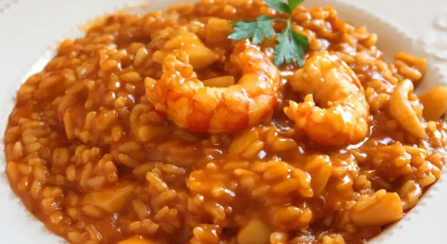 Delicioso arroz con mariscos, una de las mejores recetas de arroz. Servido en plato blanco con perejil fresco.