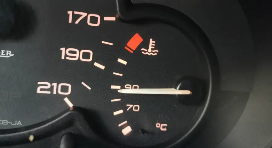 Wskaźnik temperatury płynu chłodniczego diesel pokazuje 90°C. Czerwona kontrolka ostrzega przed przegrzaniem.