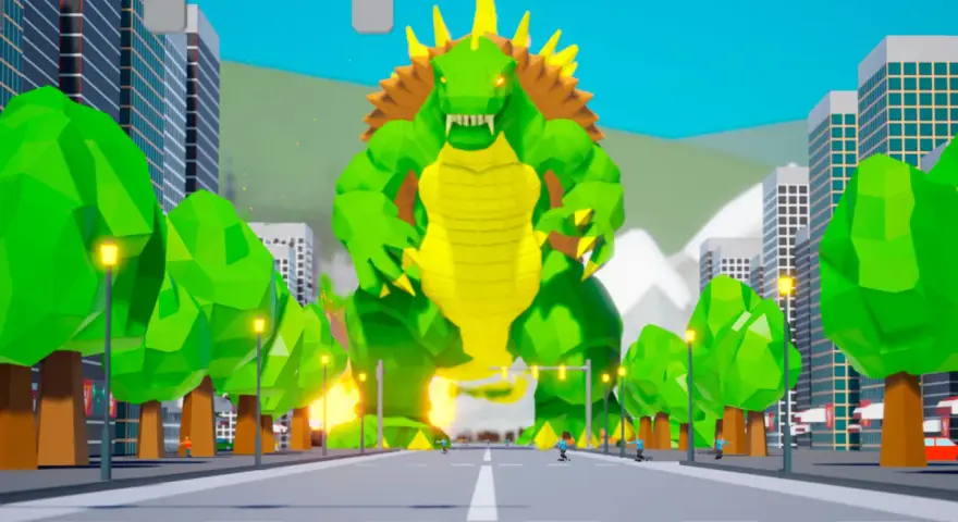 Un enorme monstruo verde estilo anime irrumpe en la ciudad, ¡listo para la acción en tus juegos anime pc!