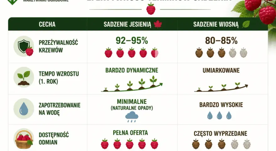 Kiedy sadzić maliny? Jesienią mają lepszą przeżywalność (92-95%), dynamiczny wzrost i pełną ofertę odmian. Wiosną jest umiarkowanie.