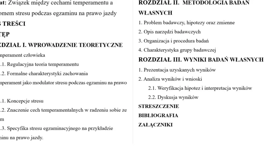 Spis treści pracy semestralnej wzór: związek temperamentu ze stresem na egzaminie na prawo jazdy. Rozdziały: Wprowadzenie, Metodologia, Wyniki.