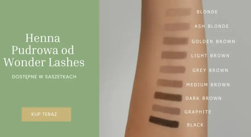 Próbki henny pudrowej Wonder Lashes na skórze ramienia. Dostępne odcienie: Blonde, Ash Blonde, Golden Brown, Light Brown, Grey Brown, Medium Brown, Dark Brown, Graphite, Black.
