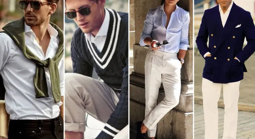 Cuatro hombres con estilo "old money": camisas, suéteres, pantalones de lino y blazers, todos con un aire de elegancia atemporal.