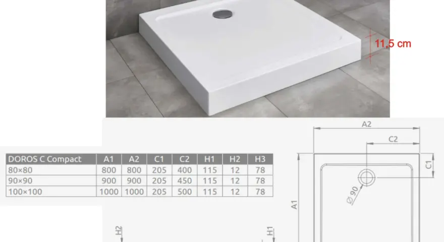 Biała, kwadratowa brodzik prysznicowy. Wymiary: 80x80, 90x90, 100x100 cm. Wysokość 11,5 cm.