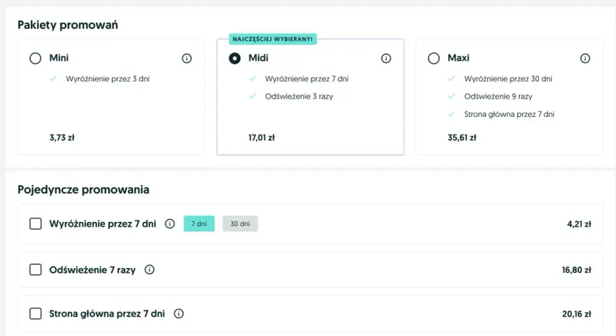 Ile kosztuje wystawienie samochodu na OLX? Sprawdź pakiety promowań: Mini (3,73 zł), Midi (17,01 zł), Maxi (35,61 zł) i pojedyncze opcje.