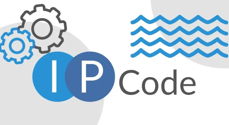 Grafika z kołami zębatymi, literami "IP" i falą, symbolizująca rozwój i innowacje w dziedzinie IP 64.