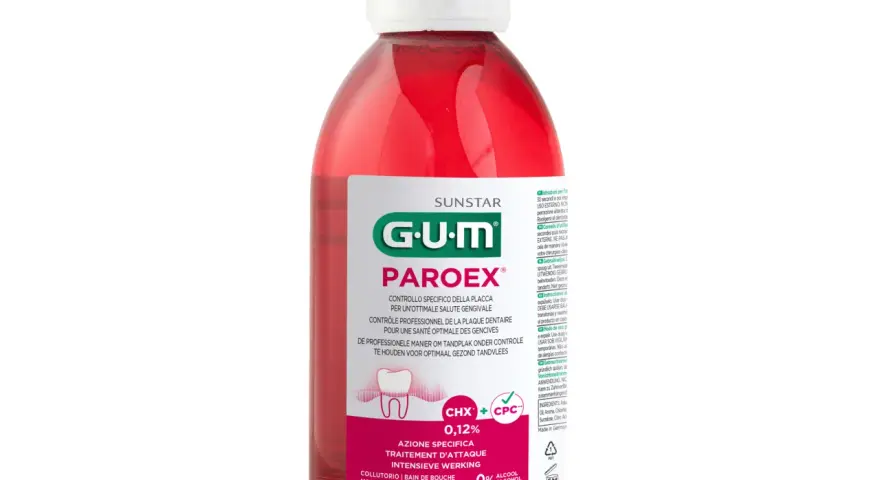 Płyn do płukania jamy ustnej GUM Paroex 0,12% z CHX+CPC, bez alkoholu, w czerwonej butelce.