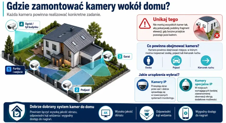 Ilustracja pokazuje, jak zamontować kamery wokół domu, wskazując optymalne miejsca: furtka, podjazd, garaż i ogród.