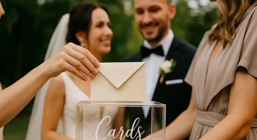 Dłoń wkłada kopertę do przezroczystej skrzynki z napisem "Cards". Młoda para w tle uśmiecha się, a goście wrzucają koperty, być może z myślą, ile na prezent ślubny.