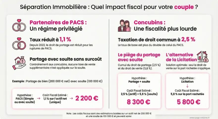 Séparation immobilière : PACS vs concubinage. Impact fiscal sur le crédit maison en cours. Le PACS offre un taux réduit de 1,1% pour le partage.