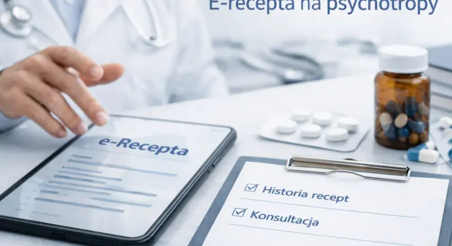 Lekarz korzysta z tabletu z napisem "e-Recepta", przygotowując się do wypisania recepty na leki psychotropowe. Obok leki i dokumentacja medyczna.