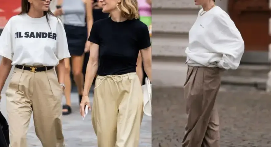 Stylizacje z beżowymi spodniami: biały T-shirt, czarna bluzka i biała bluza. Jaka bluzka do beżowych spodni? Oto inspiracje.