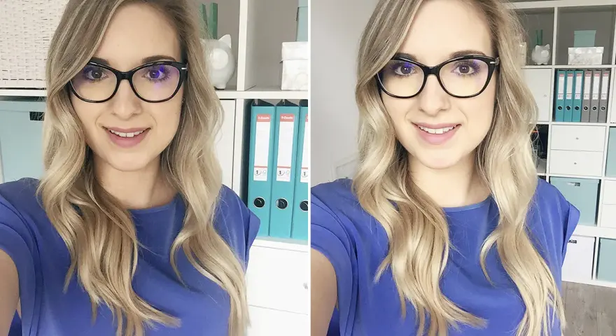 Fajne profilowe na IG! Uśmiechnięta blondynka w okularach, porównanie ujęć daleko i blisko okna.