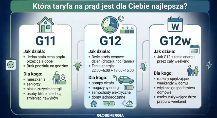 Porównanie taryf prądu: G11 (stała cena), G12 (dwie strefy cenowe) i G12w (z tańszym weekendem). Wybierz najlepszą dla siebie, by skorzystać z zamrożenia cen prądu.