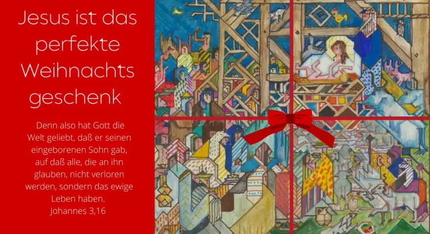 Weihnachtsbild mit Krippenszene und Menschenmenge, umrahmt von roten Bändern. Text zitiert Johannes 3,16: "Denn also hat Gott die Welt geliebt...