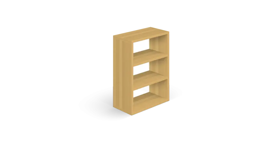 Un mobile a giorno con tre ripiani, ideale per progetti scaffali in legno fai da te.