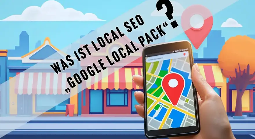 Hand hält Smartphone mit Karte, Fragezeichen und Ortsmarkierung. Text: "Was ist Local SEO, Google Local Pack?".