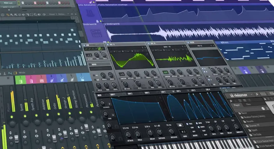 Musik am PC erstellen: Ein Blick auf eine digitale Audio-Workstation mit Spuren, Synthesizern und Effekten.