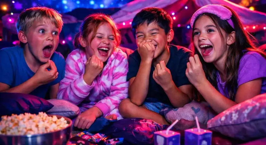 Fyra barn skrattar högt i ett mysigt fort med popcorn och dryck. Perfekt för roliga frågor till barn!