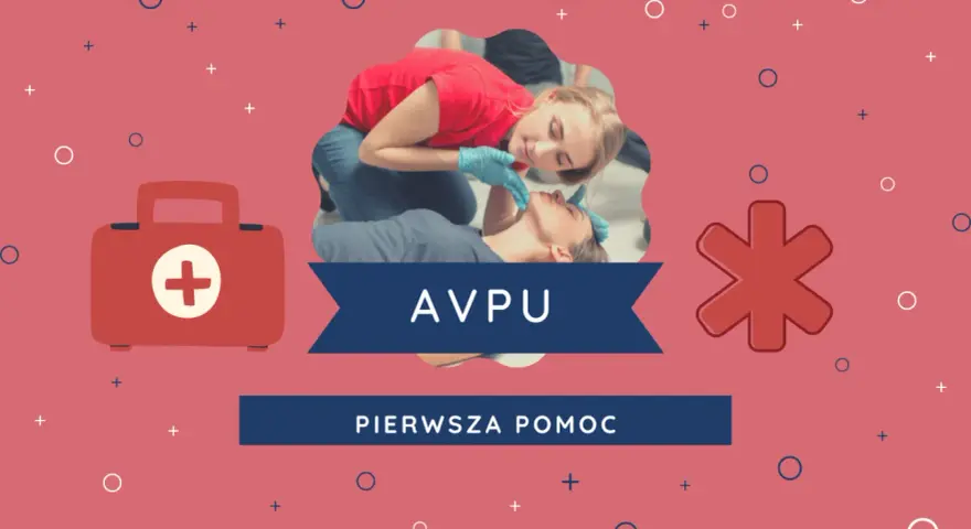 Ratownik ocenia przytomność pacjenta, stosując skalę AVPU. Obok apteczka i symbol pierwszej pomocy.