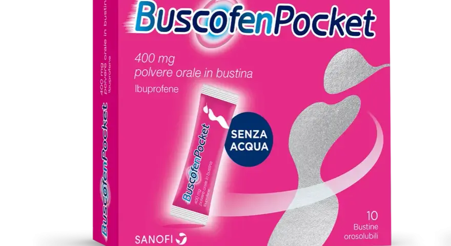 Per i dolori mestruali, prova Buscofen Pocket: 400 mg di ibuprofene in bustine orosolubili, da prendere senza acqua.