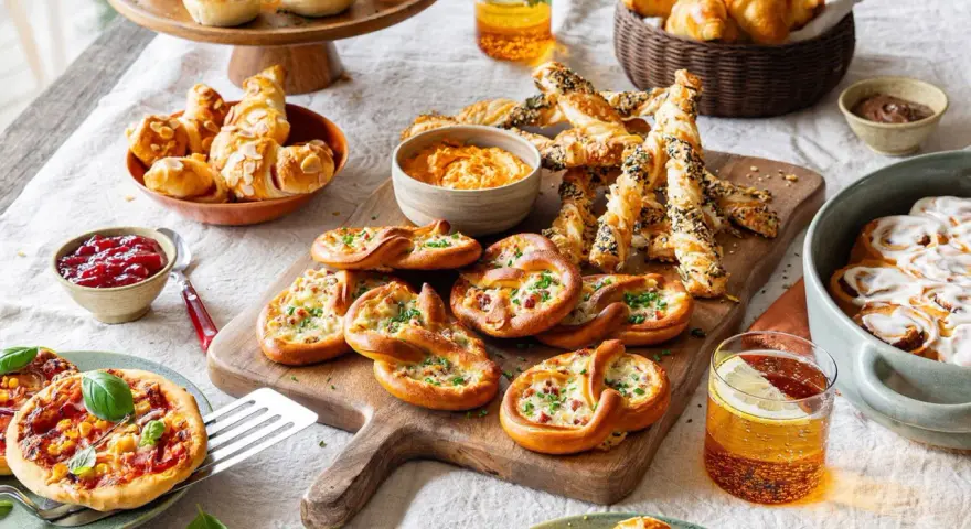 Leckeres Fingerfood: Mini-Pizzen, Brezeln und Croissants aus Pizzateig, dazu Dips und Zimtschnecken.