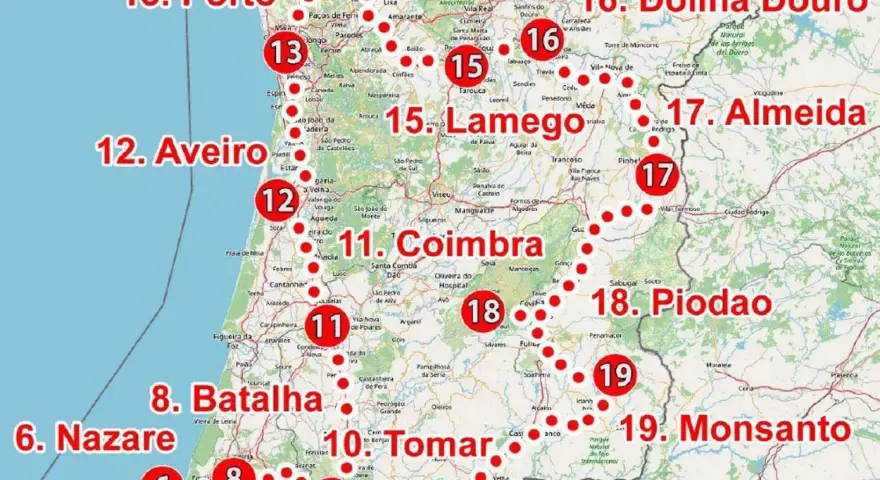 Mapa turystyczny Portugalii, gdzie leży Portugalia, z zaznaczonymi miastami: Porto, Coimbra, Fatima.